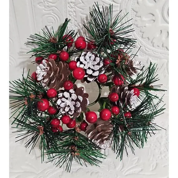 Christmas Candle Ring Faux Wreath Pinecone Red Berries Ralph Lauren Christmas - Picture 6 of 8